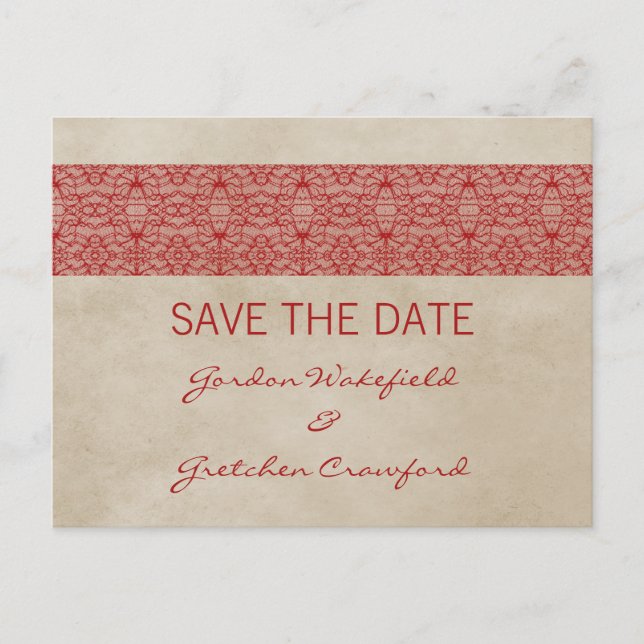 Faire-part Red Rustic Lace Enregistrer la date Carte postale (Devant)