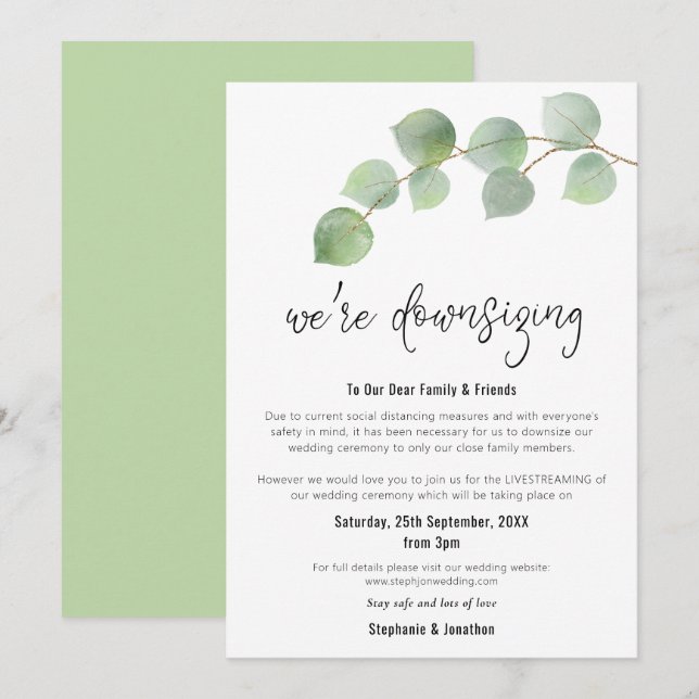 Faire-part Réduction de mariage Script Moderne Eucalyptus (Devant / Derrière)