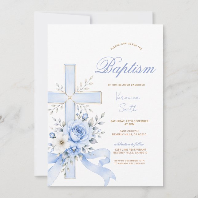 Faire-part religieux de fleurs de croix bleue élég (Devant)