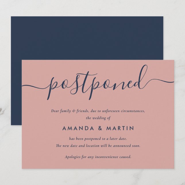 Faire-part Report de mariage bleu marine et rose moderne (Devant / Derrière)
