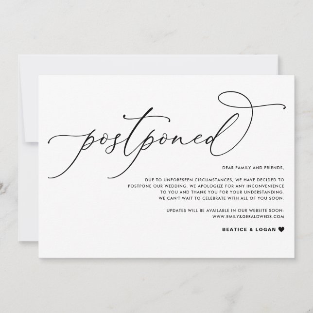 Faire-part Report de mariage écriture noire fantaisiste (Devant)
