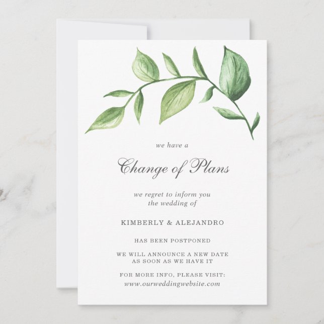 Faire-part Report de mariage élégant et rustique avec verdure (Devant)