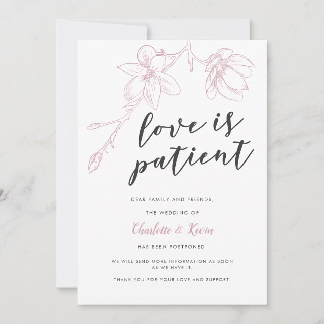 Faire-part Report de mariage floral rose amour est patient (Devant)
