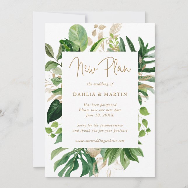 Faire-part Report de mariage Tropical Greenery Gold (Devant)