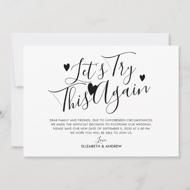Faire-part Report du mariage Changement de date Essayons à no (Devant)