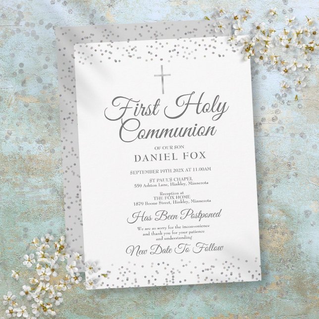 Faire-part reporté Communion solennelle argent (Postponed Announcement Silver First Holy Communion)
