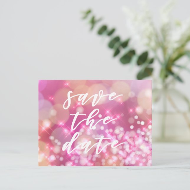 Faire-part Réservez la date | Carte postale Épingles rose gla (Debout devant)
