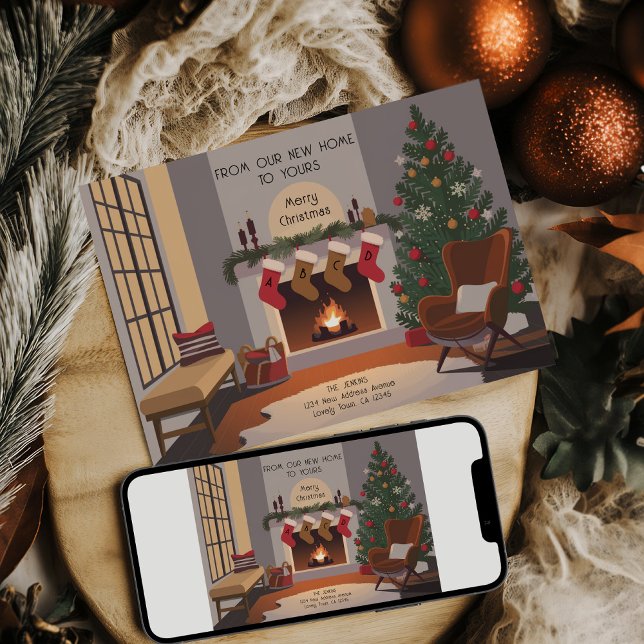 Faire-part Retro Cosy Salon de Noël Déménagement (Retro Cozy Christmas Monogram Stockings Card .. Holiday Moving Announcement by Darling & May)