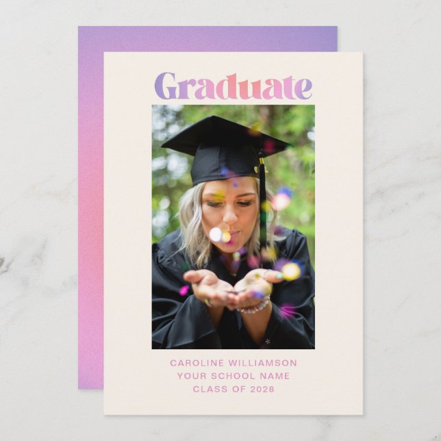 Faire-part Retro tendance Pastel Purple Pink Graduation Photo (Devant / Derrière)