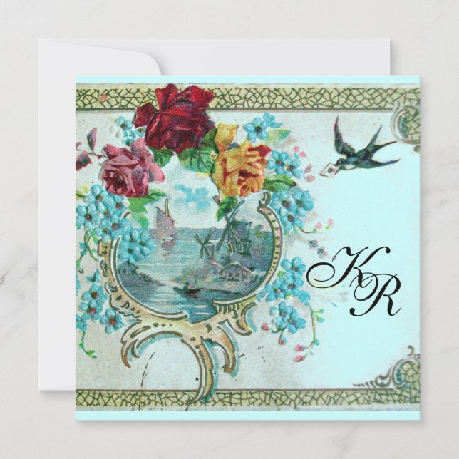 Faire-part ROMANTİCA 3 MONOGRAM Rose Bleu Mariage (Devant)