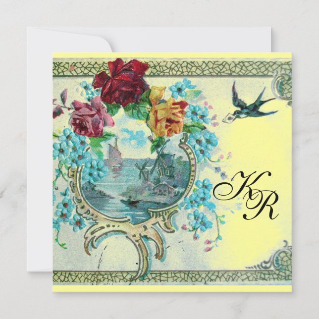 Faire-part ROMANTİCA 3 MONOGRAMME, Mariage Bleu Jaune (Devant)