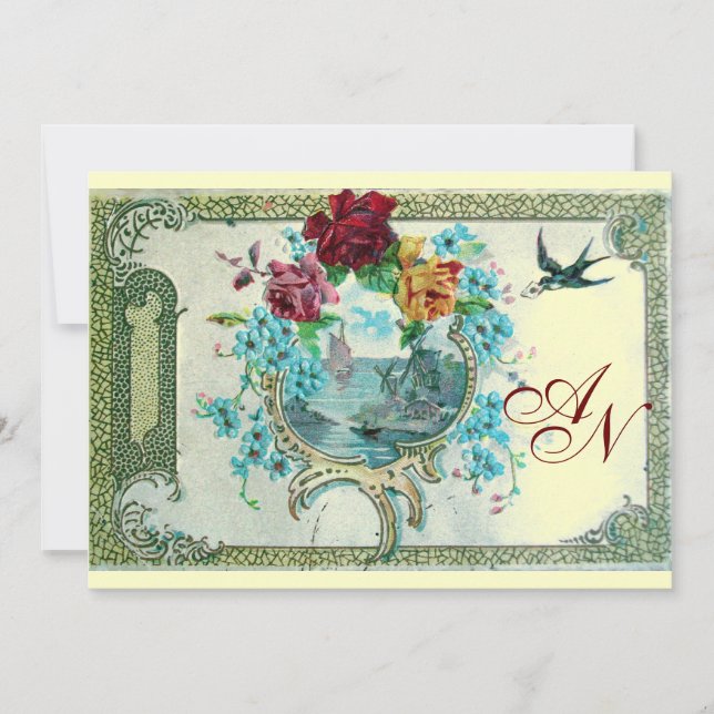 Faire-part ROMANTİCA 3 MONOGRAS blanc, champagne métallique (Devant)