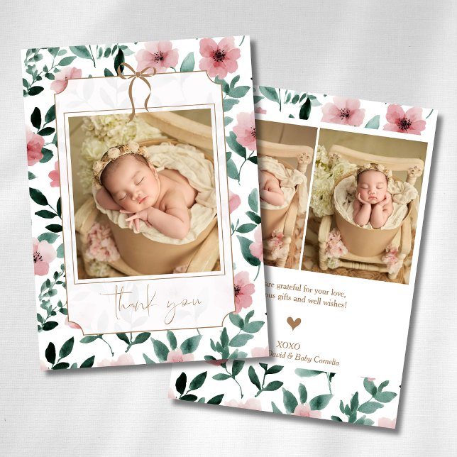 Faire-part Romantique Baiser Vert Floral Or Ruban Bébé Photo  (Créateur téléchargé)