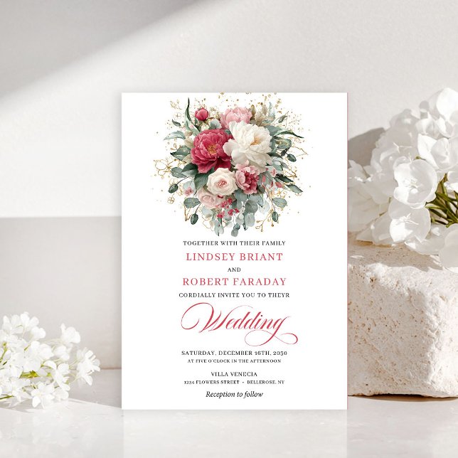 Faire-part romantique bohème rouge rubis de verdur (Romantic Bohemian Ruby Red White Greenery Invitation)