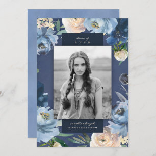 Faire-part Romantique Dusty Blue Floral Graduation Photo