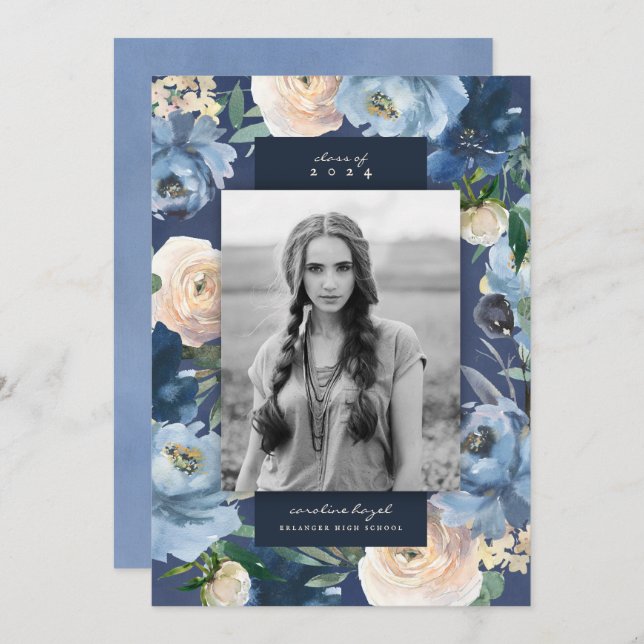 Faire-part Romantique Dusty Blue Floral Graduation Photo (Devant / Derrière)