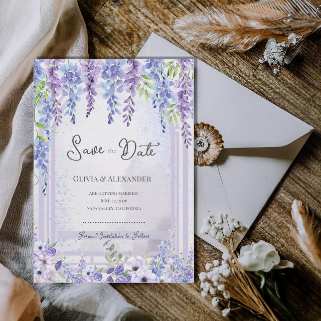 Faire-part Romantique Glycine Lavande Enregistrer la Date (Romantic Lavender Wisteria Save the Date Card | Purple Floral Garden Wedding Announcement)