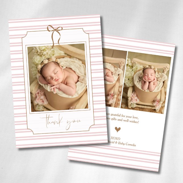 Faire-part Romantique rose rayé noeud doré photo de bébé  (Créateur téléchargé)