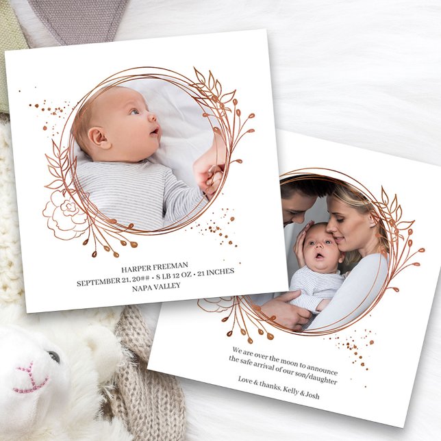 Faire-part Rose Botanique en cuivre Gold Photo Frame Naissanc (2 Framed Photo Baby Birth Announcement. Buy printed or as a printable digital download)