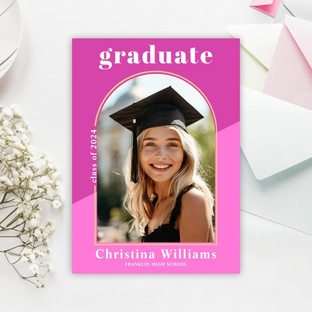 Faire-part Rose élégant moderne lycée photo Graduation (Pink Stylish Modern High School Photo Graduation Announcement)