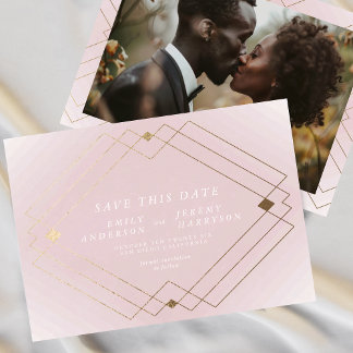 Faire-part Rose et blanc | Lignes Gold Déco Enregistrer La Da