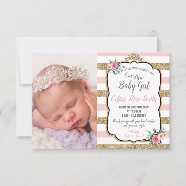 Faire-part Rose et or Floral Princesse Baby Girl Naissance (Devant)
