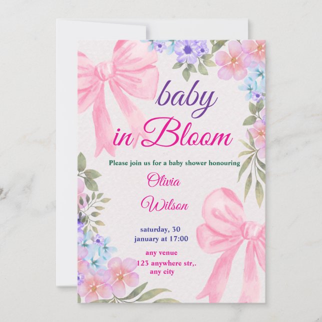 Faire-Part Rose Fleurs de Naissance  (Devant)
