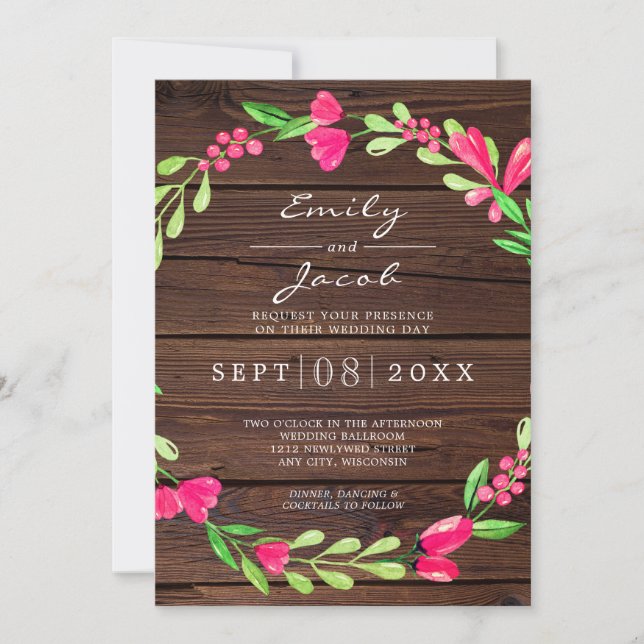 Faire-part Rose Floral foncé Brown Mariage campagnard en bois (Devant)