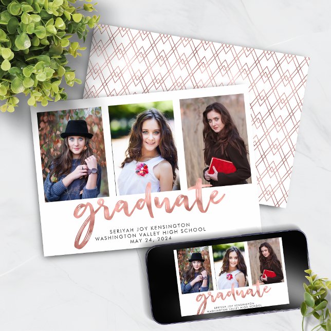 Faire-part Rose géométrique Gold - photo de graduation manusc (Geometric Rose Gold Handwritten Graduation Photo Announcement with Instant Download)