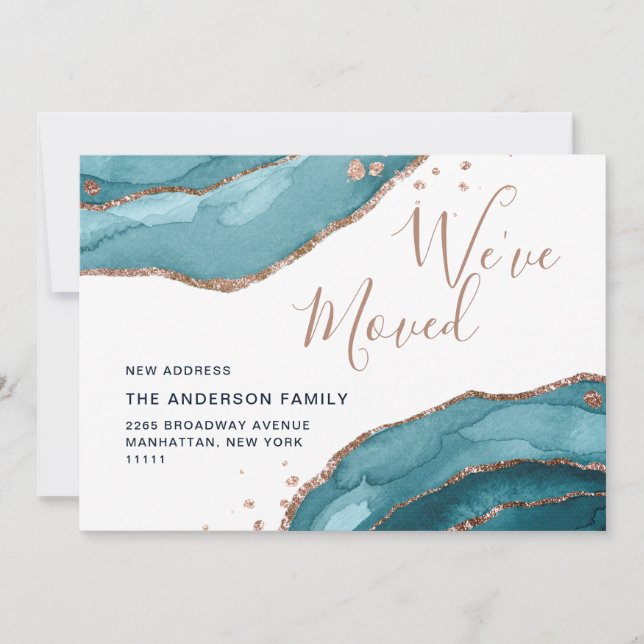 Faire-part Rose Gold Blue Aquarelle Agate Nouvelle adresse Dé (Devant)