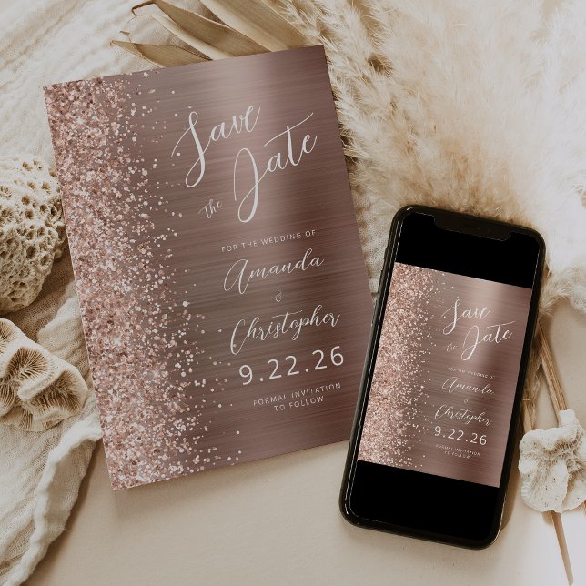 Faire-part Rose Gold Métal Brossé Écriture Save the Date (Créateur téléchargé)