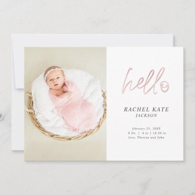 Faire-part Rose Gold Script Hello Photo Rose Paillettes Fille (Devant)