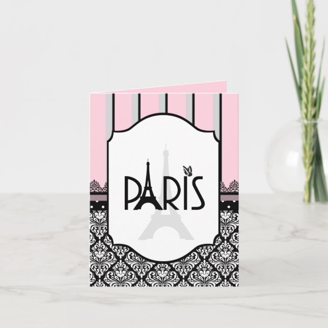 Faire-part Rose, gris, noir, damas, pois, annonce rayée (Devant)