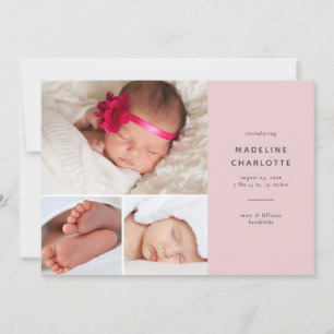 Faire-part Rose moderne bébé fille multi-photo naissance