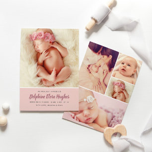 Faire-part Rose moderne Dusty Baby Girl Photo Collage Naissan