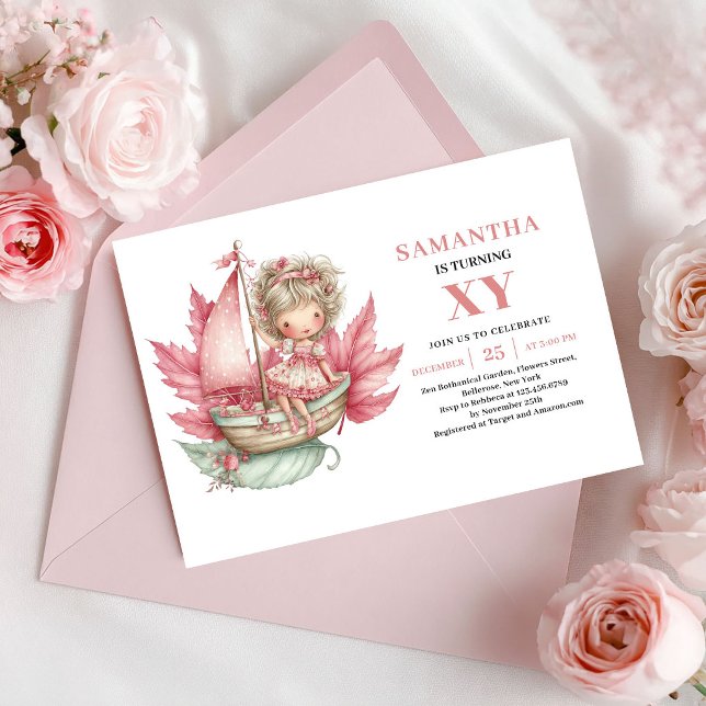 Faire-part Rose Pâle pour Anniversaire de Fille au (Whimsical Fairy Girl Birthday Blush Pink Invitation)