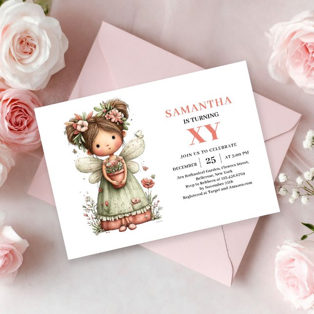 Faire-part rose poudré pour l'anniversaire d'une f (Whimsical Fairy Girl Birthday Blush Pink invitation)