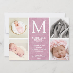 Faire-part Rose Poussiéreux 4 Photos Collage Naissance Fille