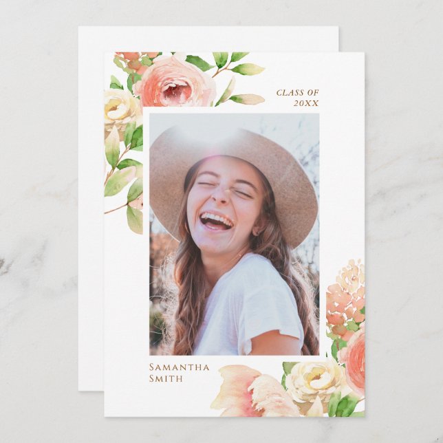 Faire-part Rose Rose Floral Vert Élégant Photo Graduation (Devant / Derrière)