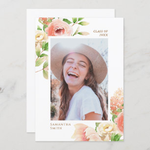 Faire-part Rose Rose Floral Vert Élégant Photo Graduation