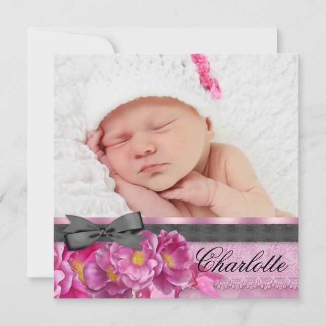 Faire-part Rose rose rose rose noir photo annonce de naissanc (Devant)