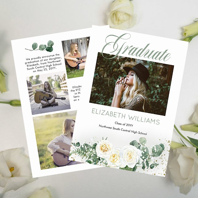 Faire-part Roses blanches |Eucalyptus 4 - Collage de photos D (White Roses and Eucalyptus Four Photo Collage "Graduate" Script Text Graduation Announcement)