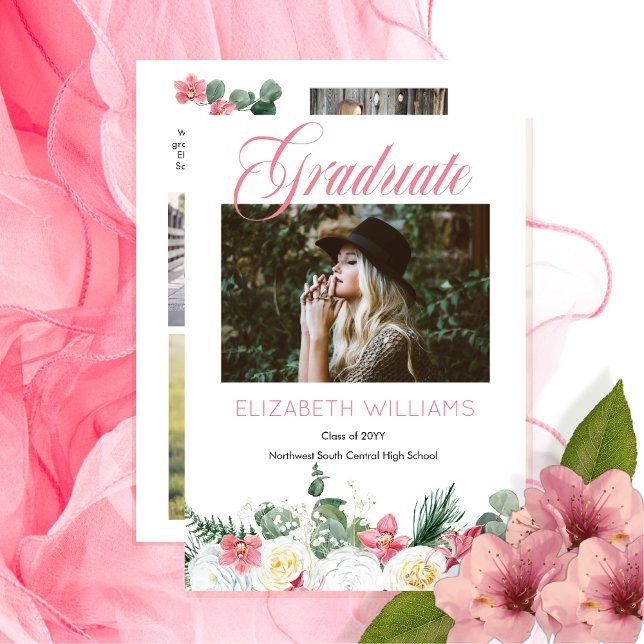 Faire-part Roses blanches | Orchidée rose 4 Collage photo Dip (White Roses and Pink Orchids Floral 4 Photo Collage Graduate Graduation Announcement Print Digital)