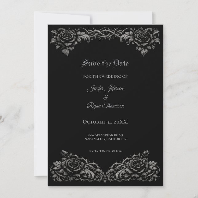 Faire-part Roses noires et blanches Gothiv Save the date (Devant)