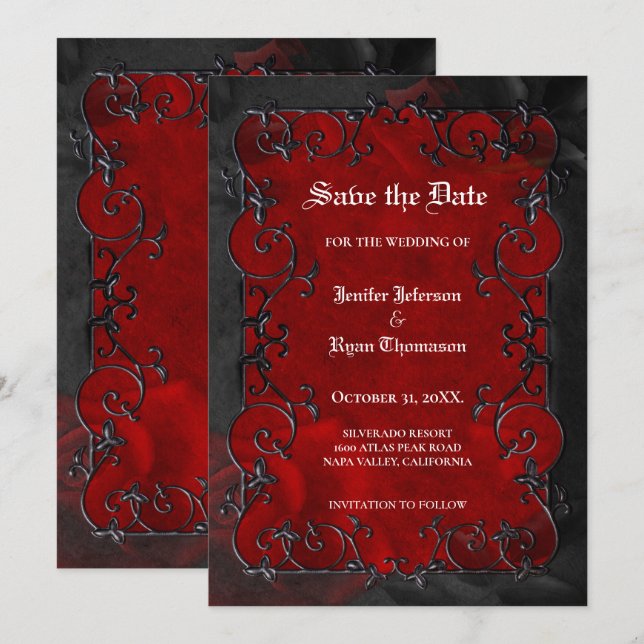 Faire-part Rouge halloween mariage gothique save the date (Devant / Derrière)