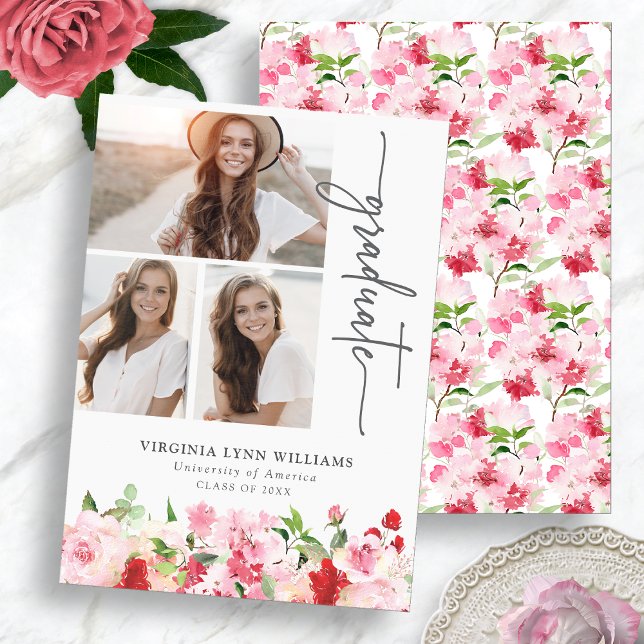 Faire-part Rouge Rose Floral Diplômé (Red Pink Floral Graduation Announcement with Photo Collage by Painted Paperie
)