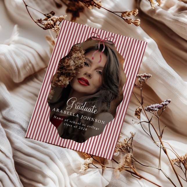 Faire-part Rouge Ruban à Rayures Photo de Diplôme Mignon (Créateur téléchargé)
