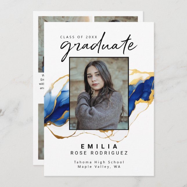 Faire-part Royal Bleu Jaune Or Élégant Grad (Devant / Derrière)