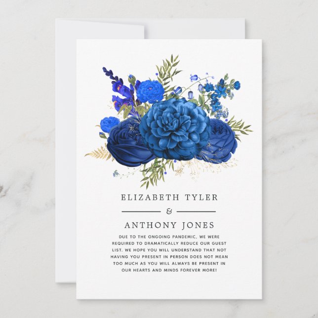 Faire-part Royal Blue and Gold Floral Invité Mariage réduit (Devant)