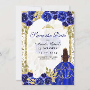Faire-part Royal Blue Floral Princess Gold Arch Quinceanera